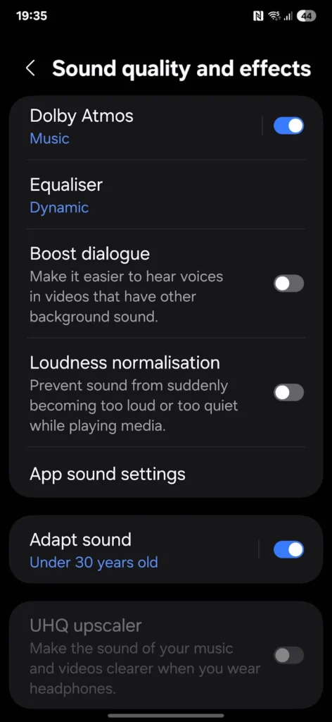 the "Sound quality and effects" menu on a Samsung Galaxy device, likely running One UI