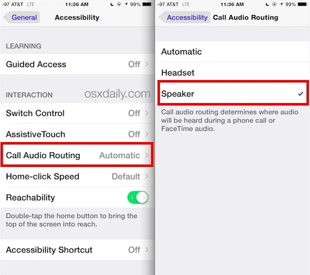 iPhone accessibility audio routing settings