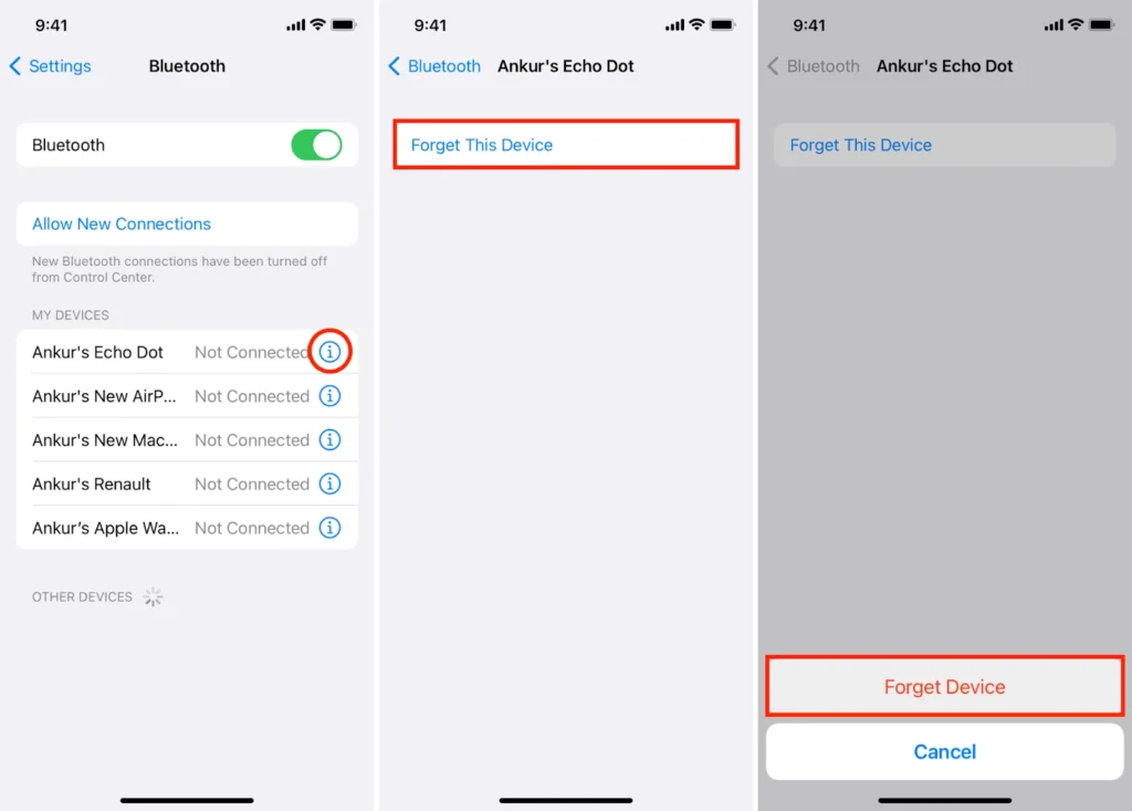 a guide on how to "forget" a Bluetooth device on an iPhone