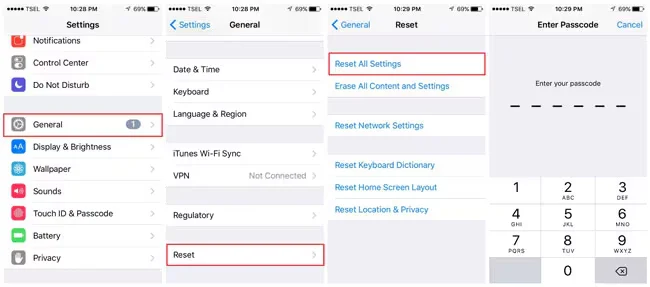 iPhone settings and reset options