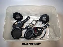  the disassembled parts of a pair of headphones inside a clear plastic container