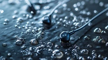  a pair of waterproof earbuds submerged in water with bubbles around them