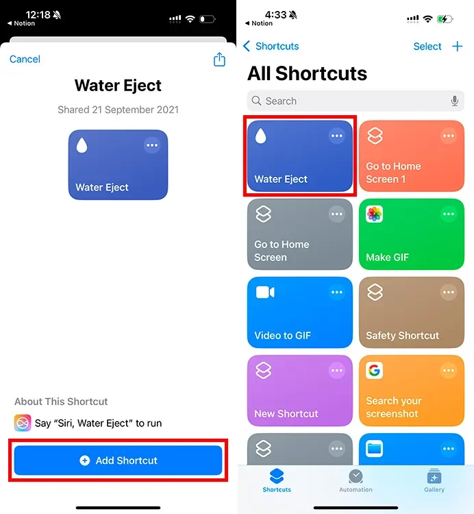 "Water Eject" shortcut on an iPhone