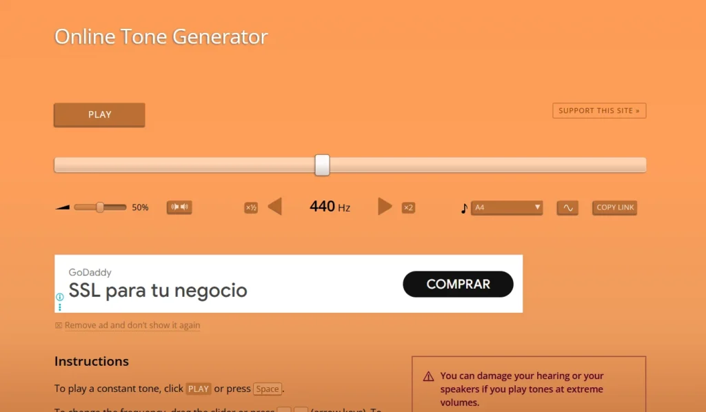 an online tone generator, a web-based tool that produces tones of different frequencies and waveforms