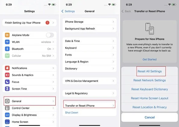 iPhone settings reset options displayed