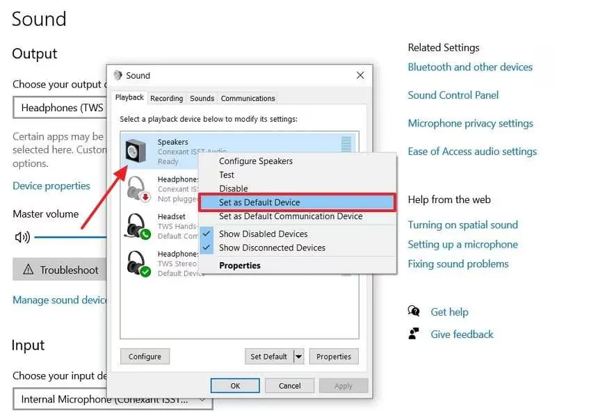 Audio Output Device Settings Set as default devices