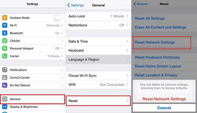 the process of resetting network settings on an iPhone
