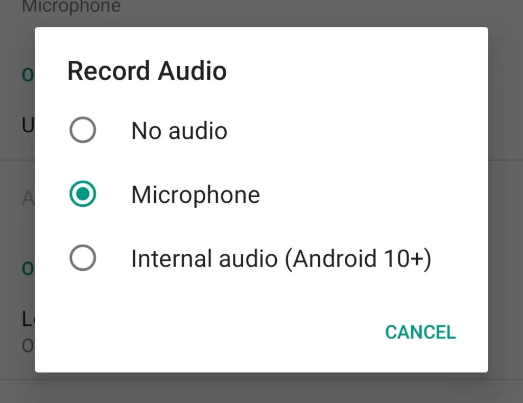 the "Record Audio" settings in the ADV Screen Recorder app for Android