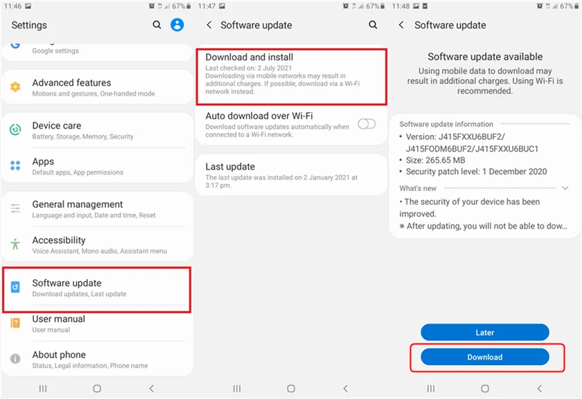 the "Software update" section of a Samsung Android phone's settings menu