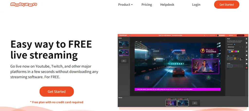 the landing page for Mobizen, a live streaming and screen recording service.