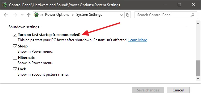the "System Settings" window within the "Power Options" section of the Control Panel in Windows