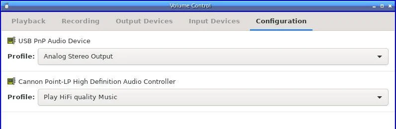 the configuration tab of a PulseAudio volume control application on a Linux-based operating system