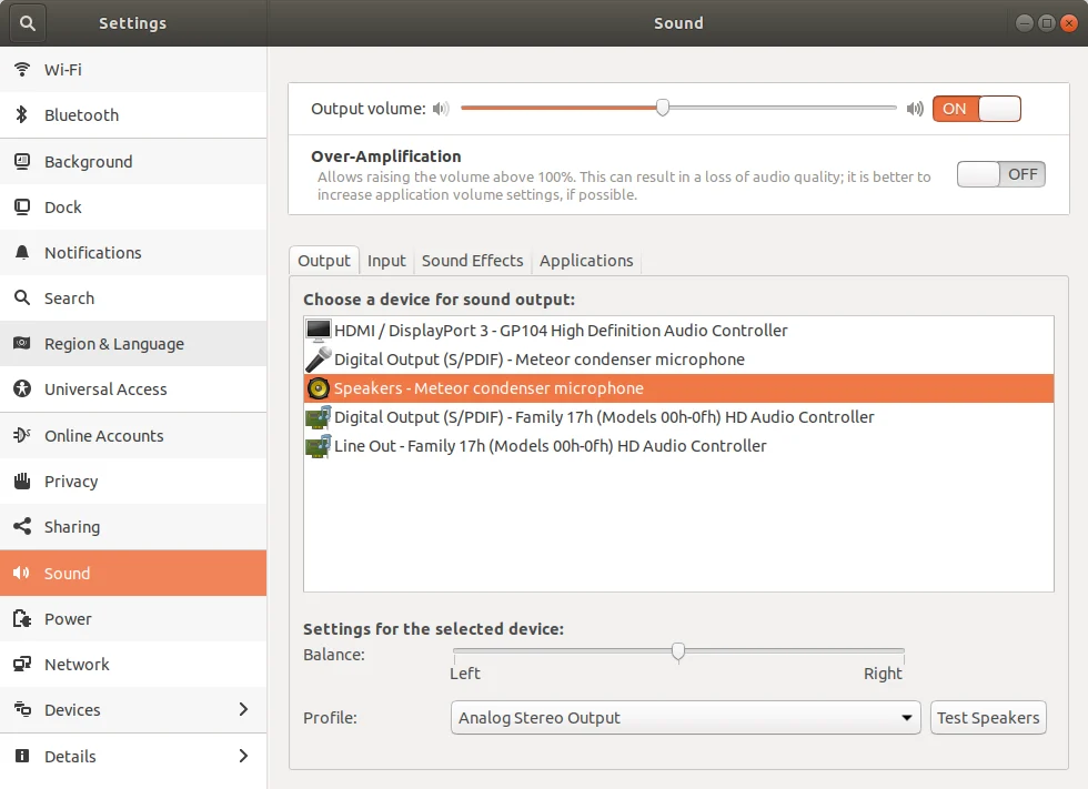 screenshot of the sound settings for an Ubuntu-based operating system