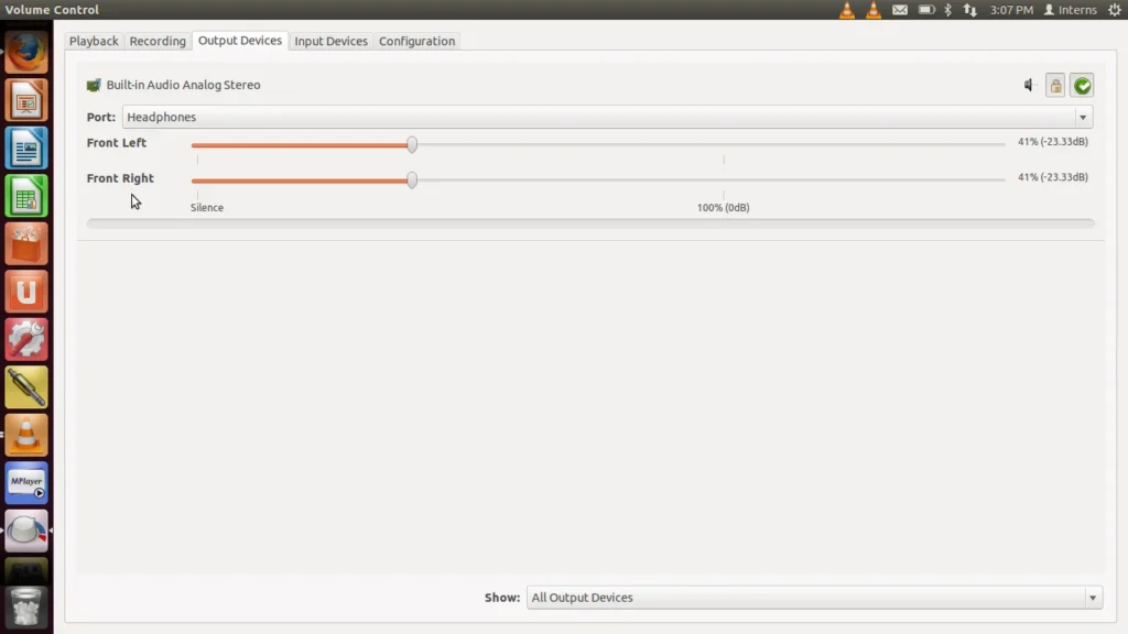 the PulseAudio Volume Control application running on a Linux-based operating system, likely Ubuntu, given the "U" icon in the sidebar